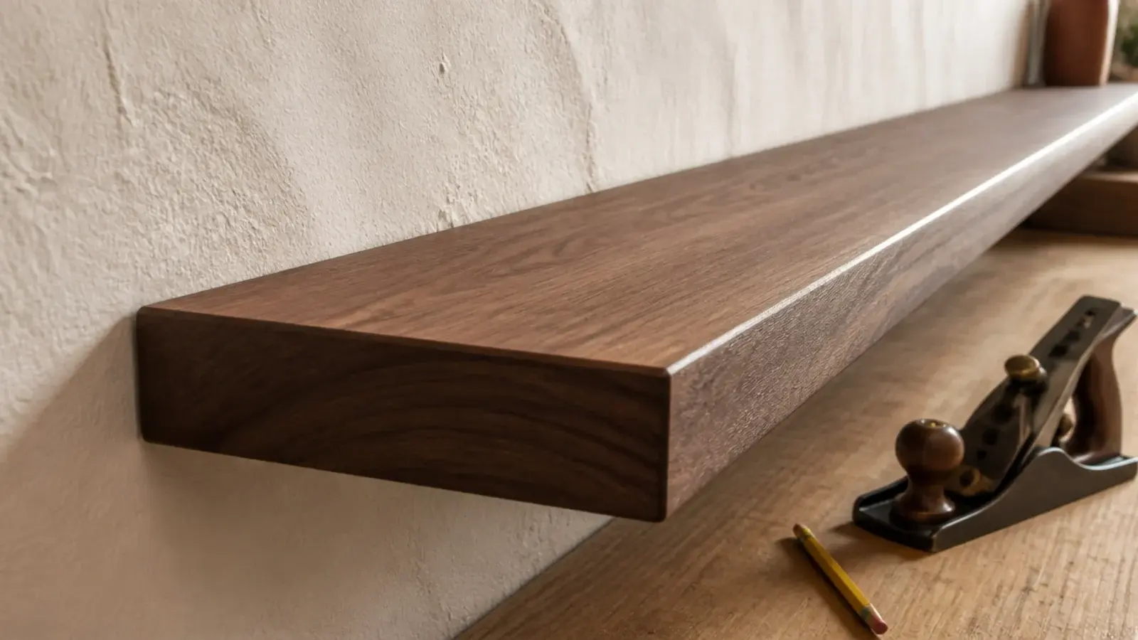 floating kitchen shelf back edge scribed tight against an uneven wall
