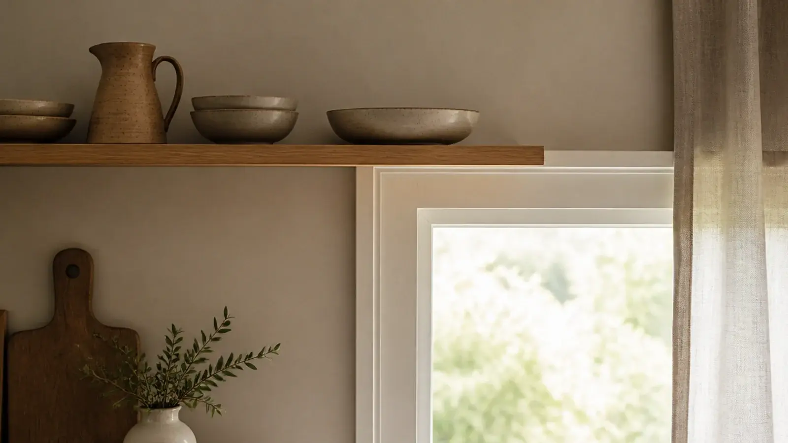 floating kitchen shelf lined up with the top of a nearby window frame