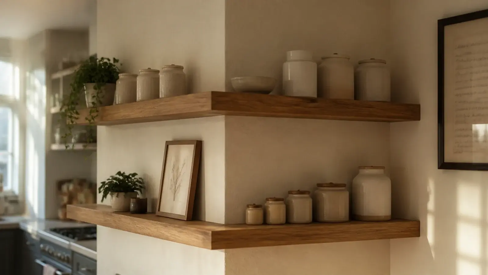 floating kitchen shelves wrapping around a chimney breast in an old kitchen