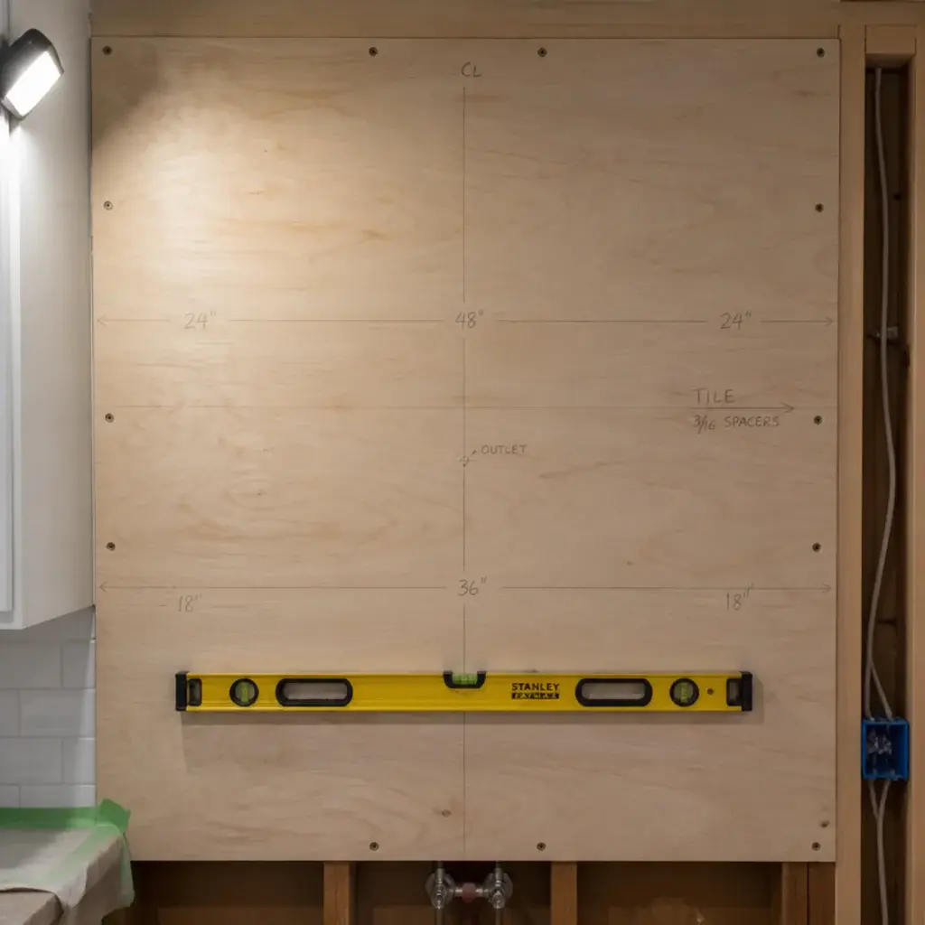 plywood backer panel fixed to studs ready for floating kitchen shelves