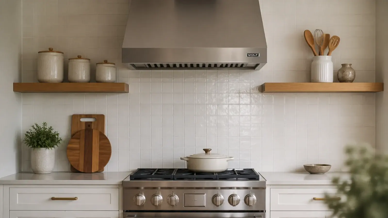 floating kitchen shelves stopping either side of a stainless range hood