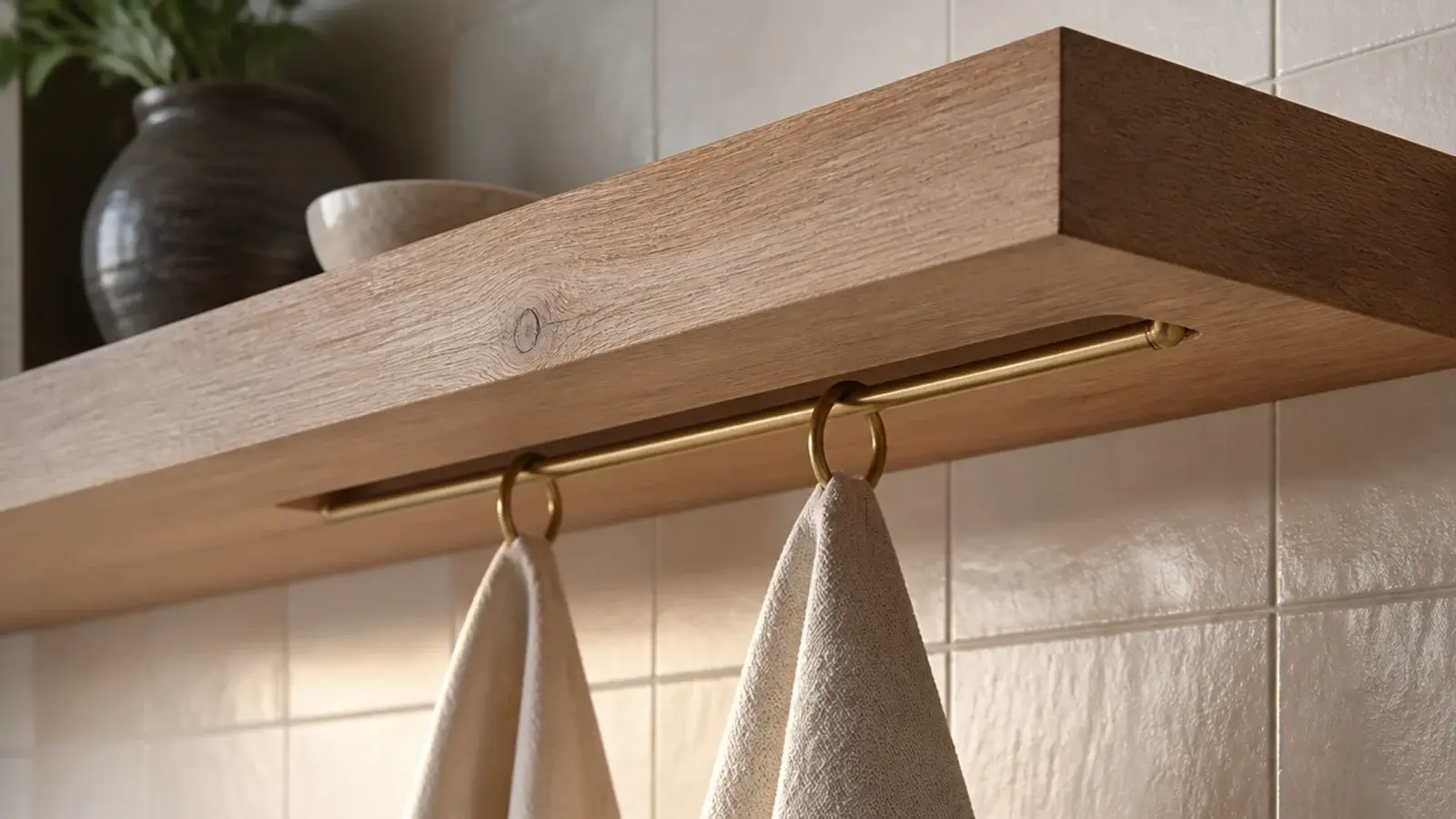 brass rail recessed into the underside of a floating kitchen shelf
