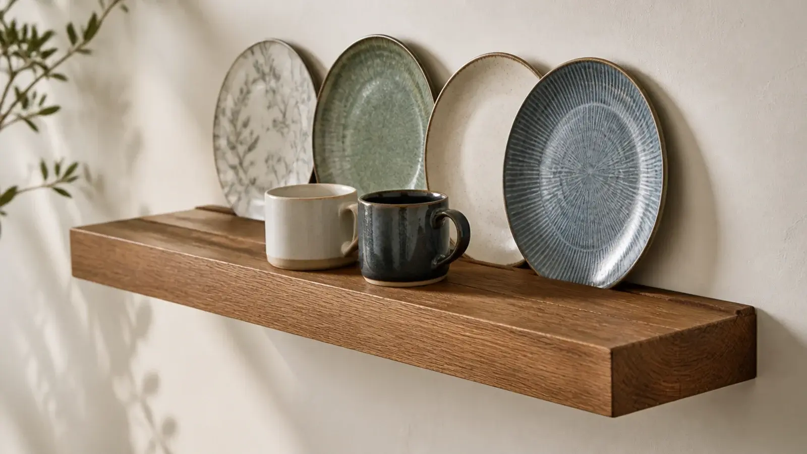 grooved floating kitchen shelf holding plates standing upright on edge