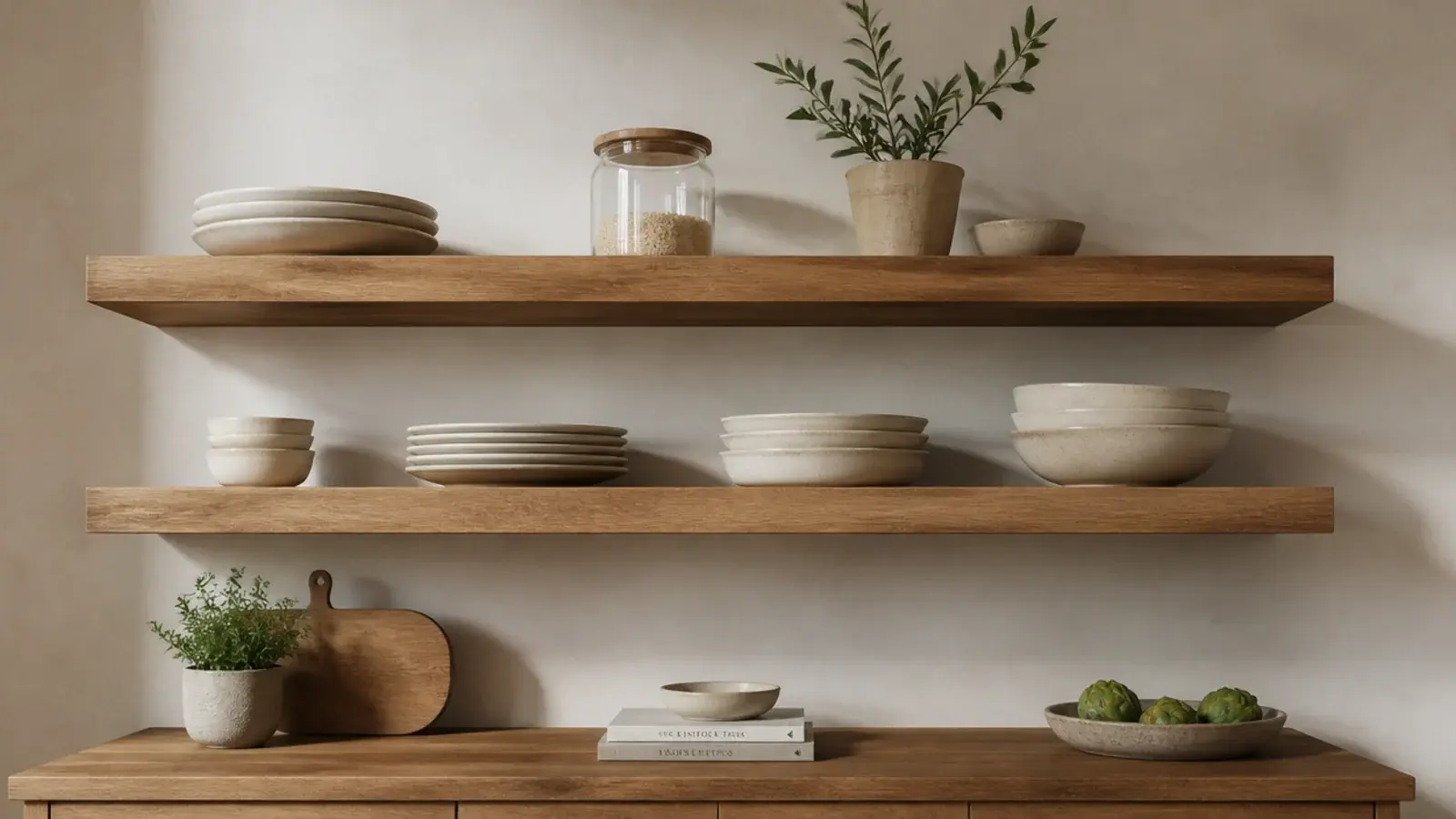 thick floating kitchen shelves in oak with no visible brackets above a counter