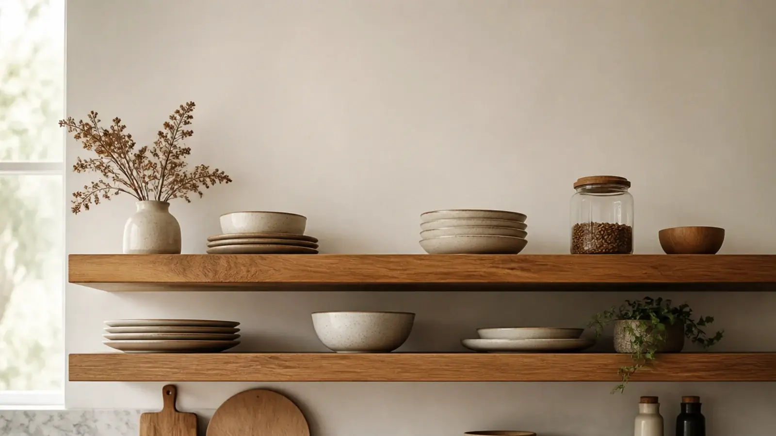 vertical view of thick floating kitchen shelves with hidden brackets and oak