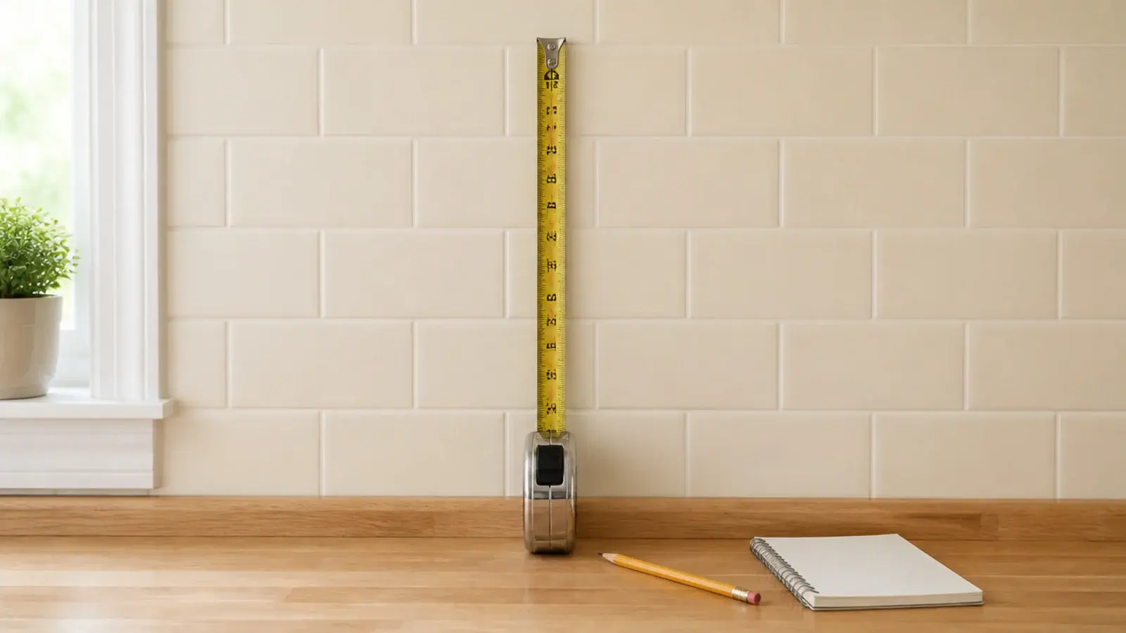 rental kitchen wall measured with a tape for a no drill shelf placement