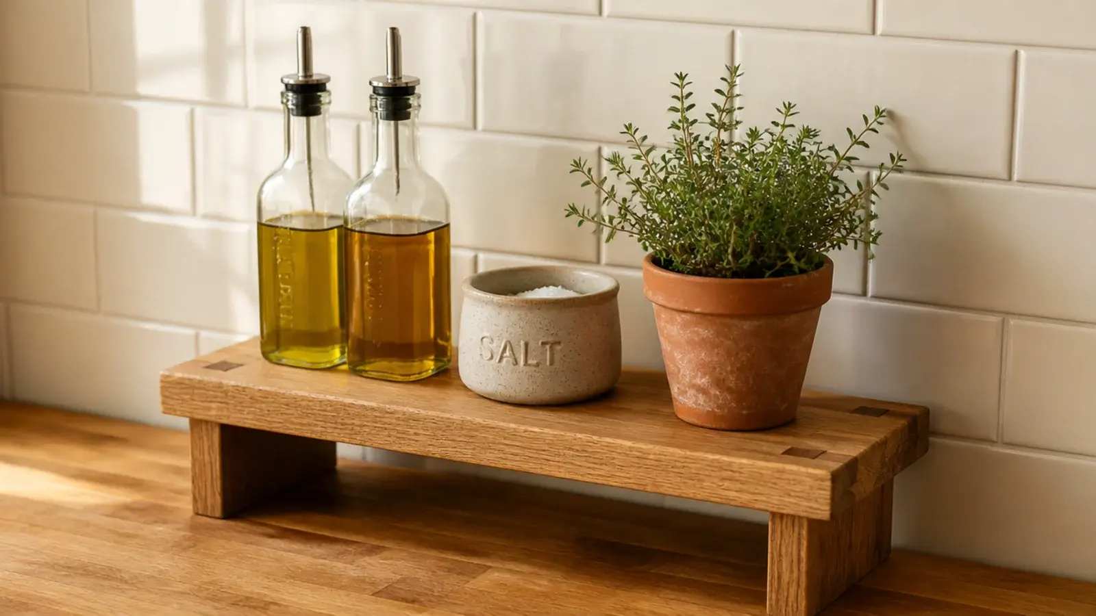 small oak countertop riser shelf holding oils and jars above a counter