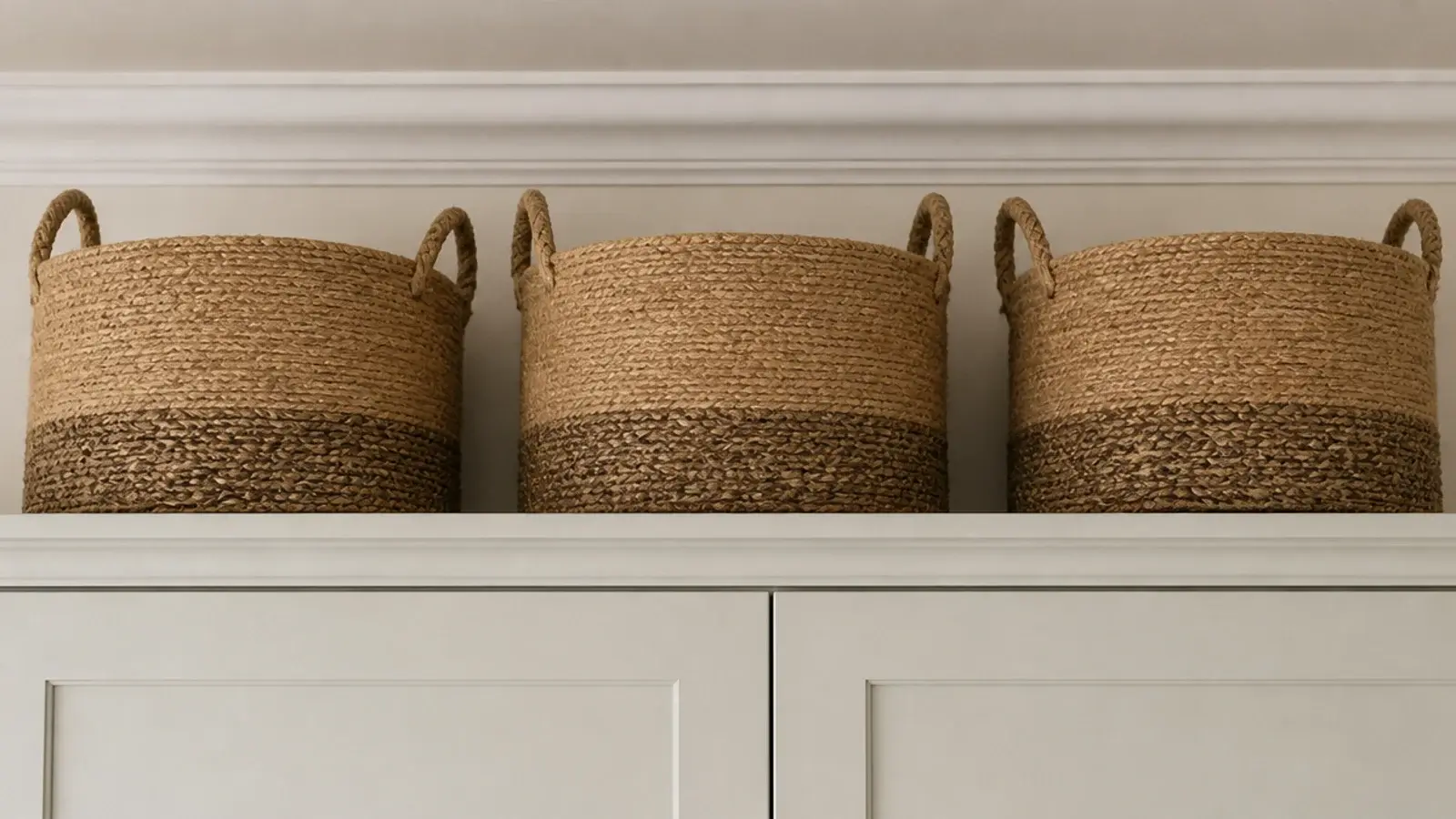 woven baskets lined along the dead gap above kitchen upper cabinets
