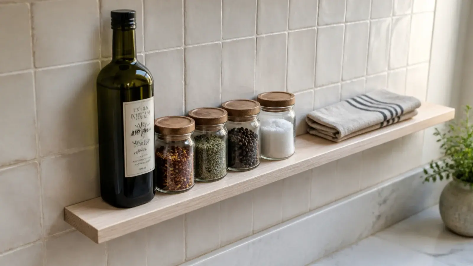 slim three inch ledge on a kitchen backsplash holding oils and spice jars