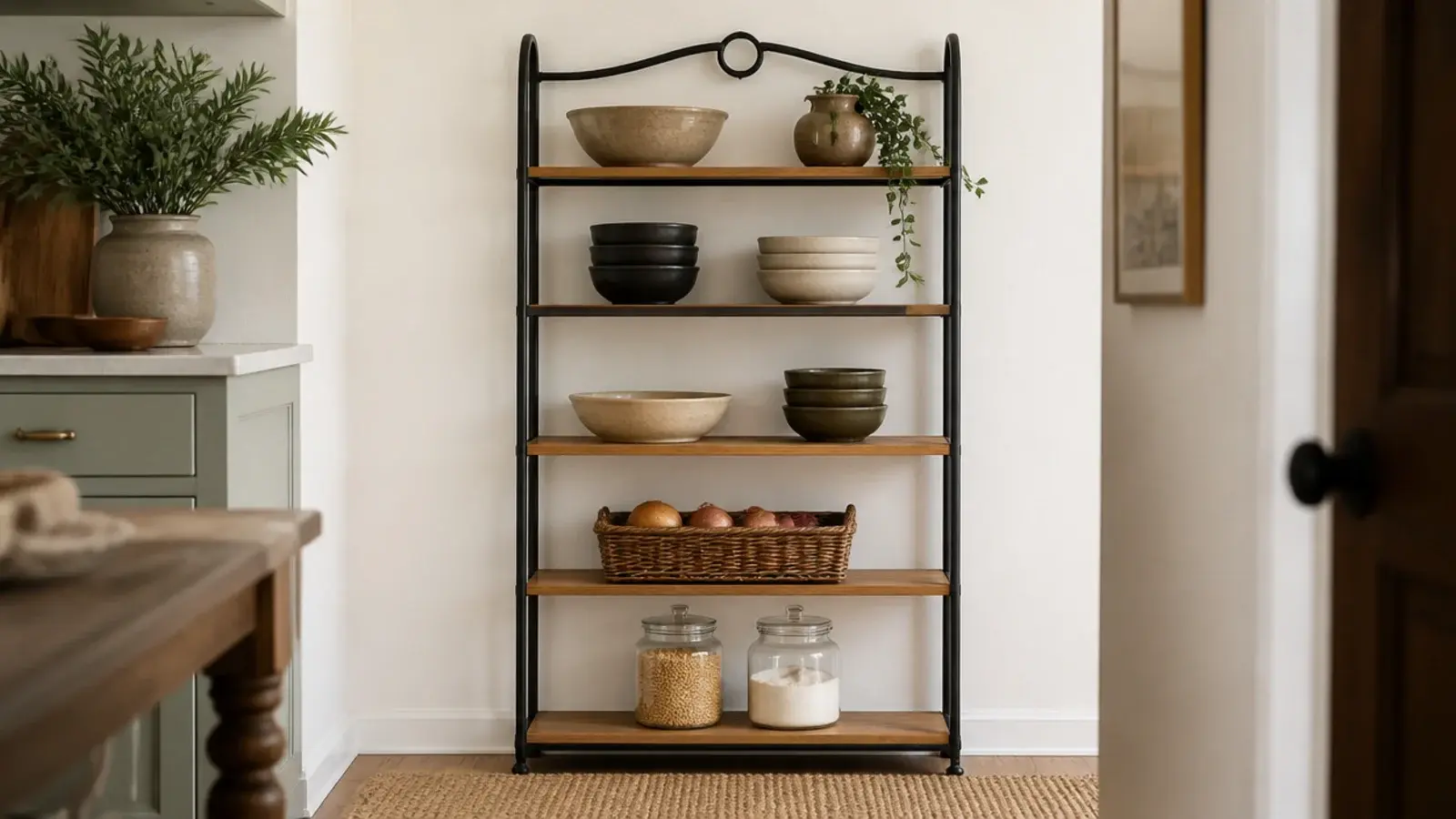 freestanding black metal and oak kitchen rack holding dishes and baskets