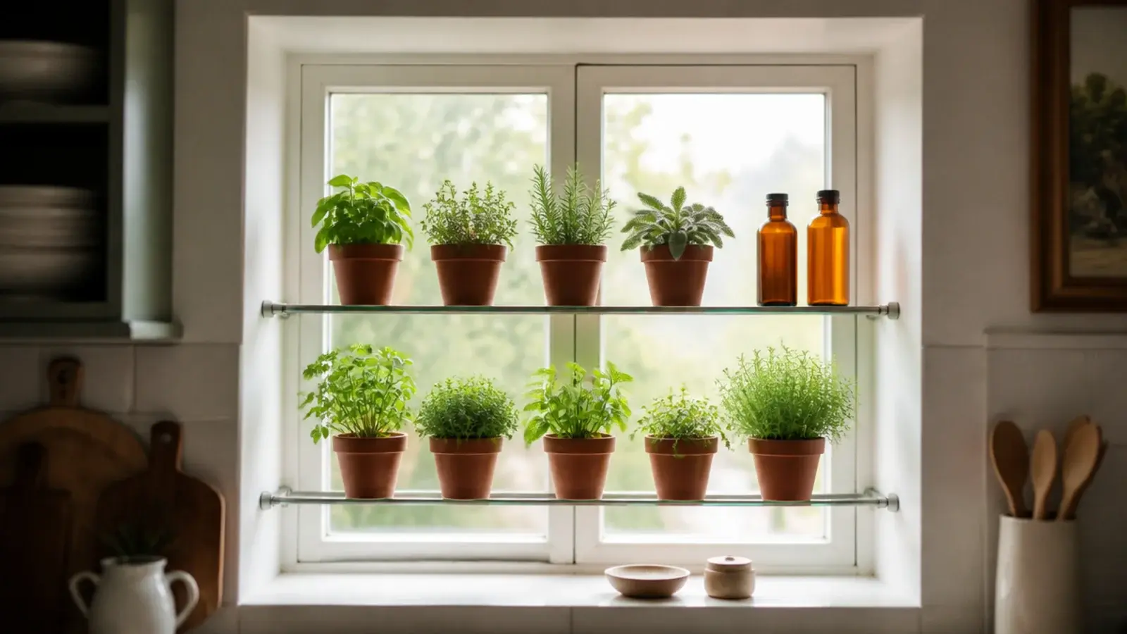 glass shelves on tension rods across a bright kitchen window recess