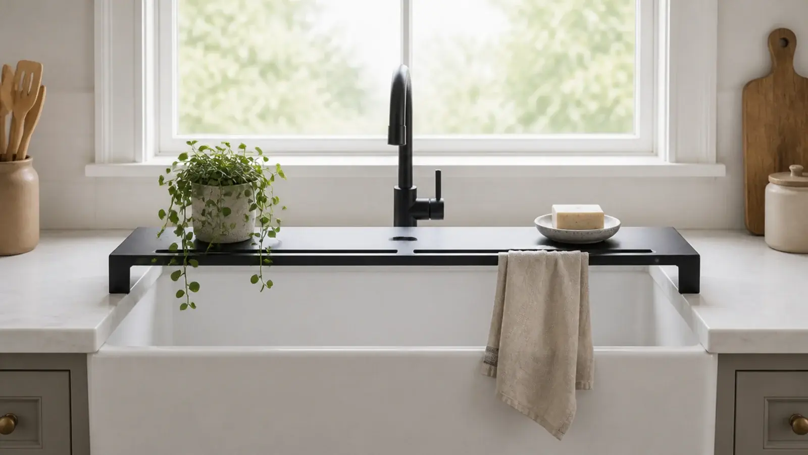 metal over sink shelf bridging a kitchen basin holding a plant and cloth