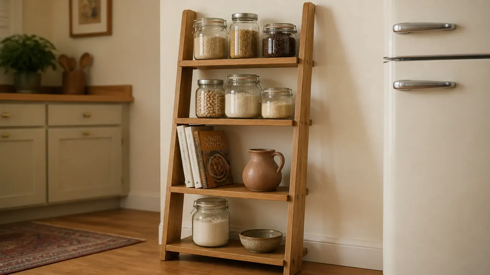 oak ladder shelf leaning on a kitchen wall holding jars and cookbooks