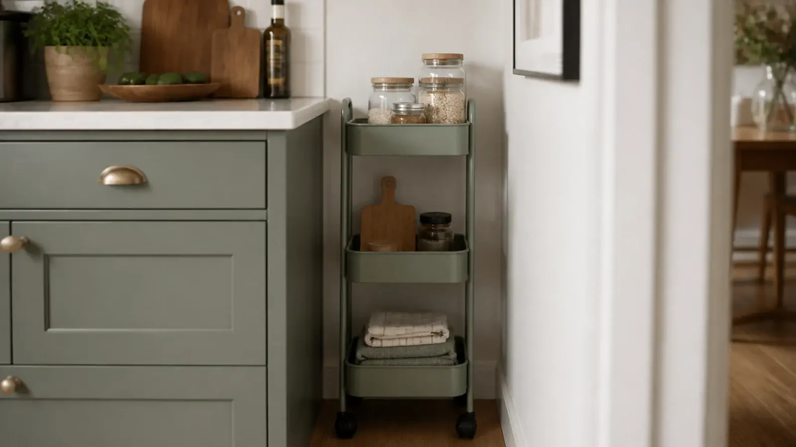 narrow three tier rolling cart tucked into a slim kitchen gap