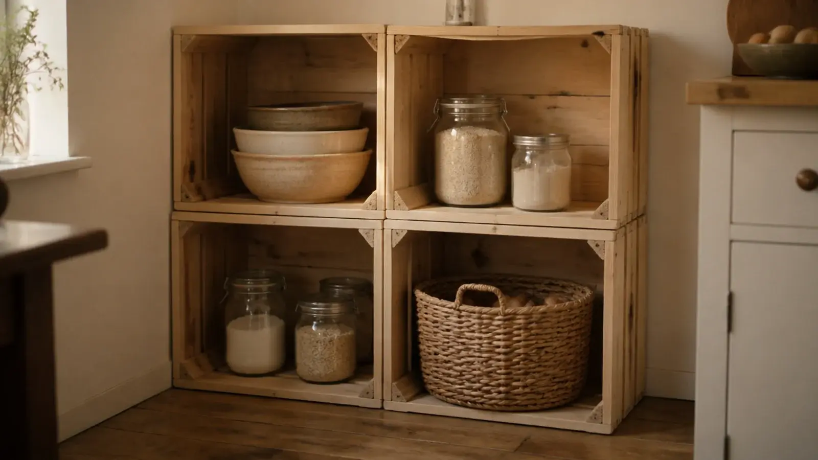 stacked wooden crates forming an open kitchen shelf tower with jars