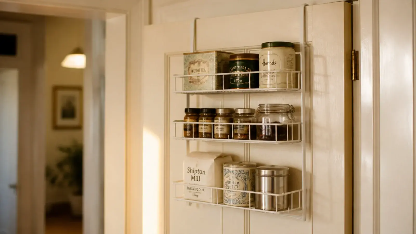 wire over the door rack on a pantry door holding tins and packets