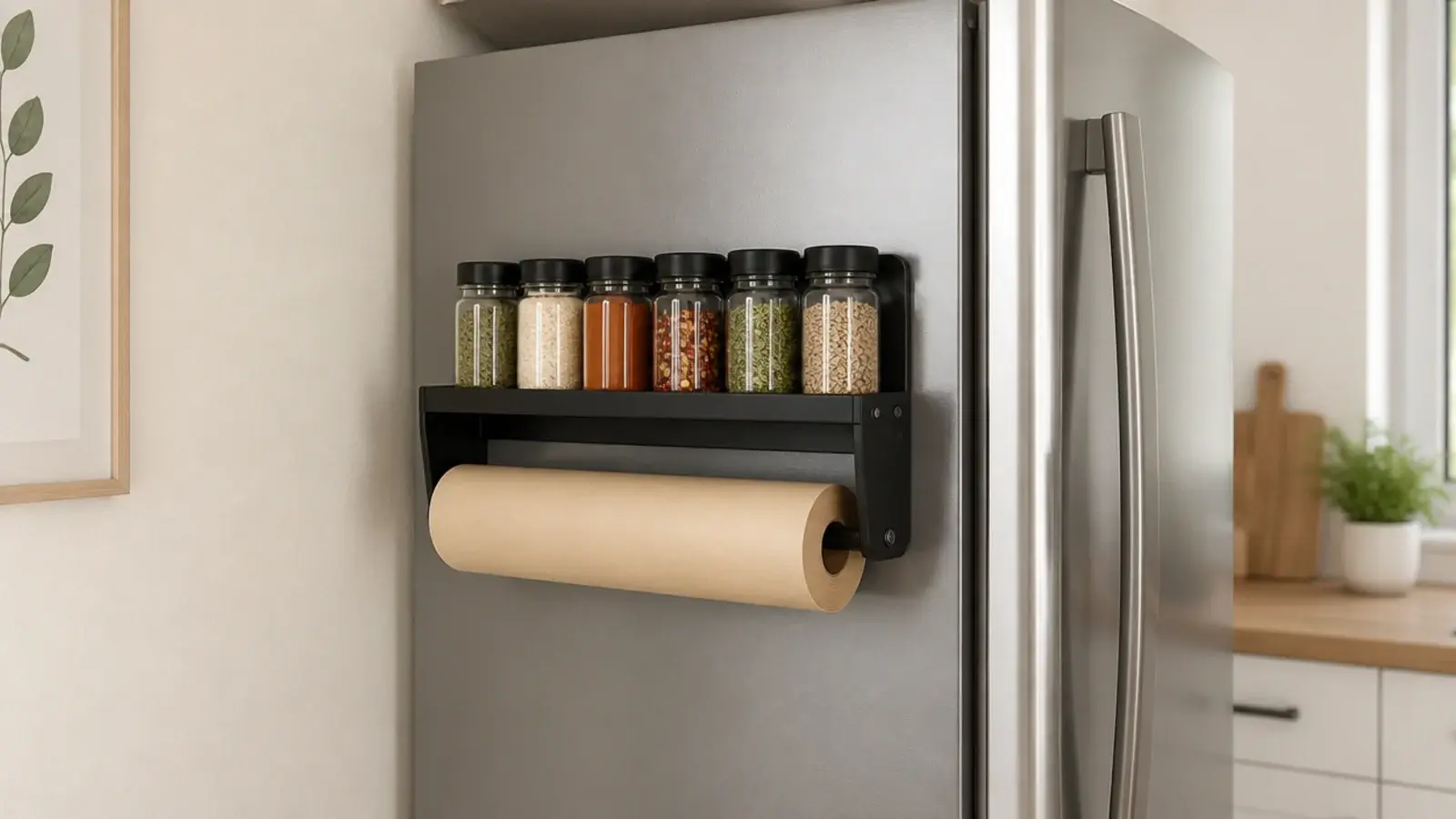 magnetic steel shelf attached to a refrigerator side holding spice jars