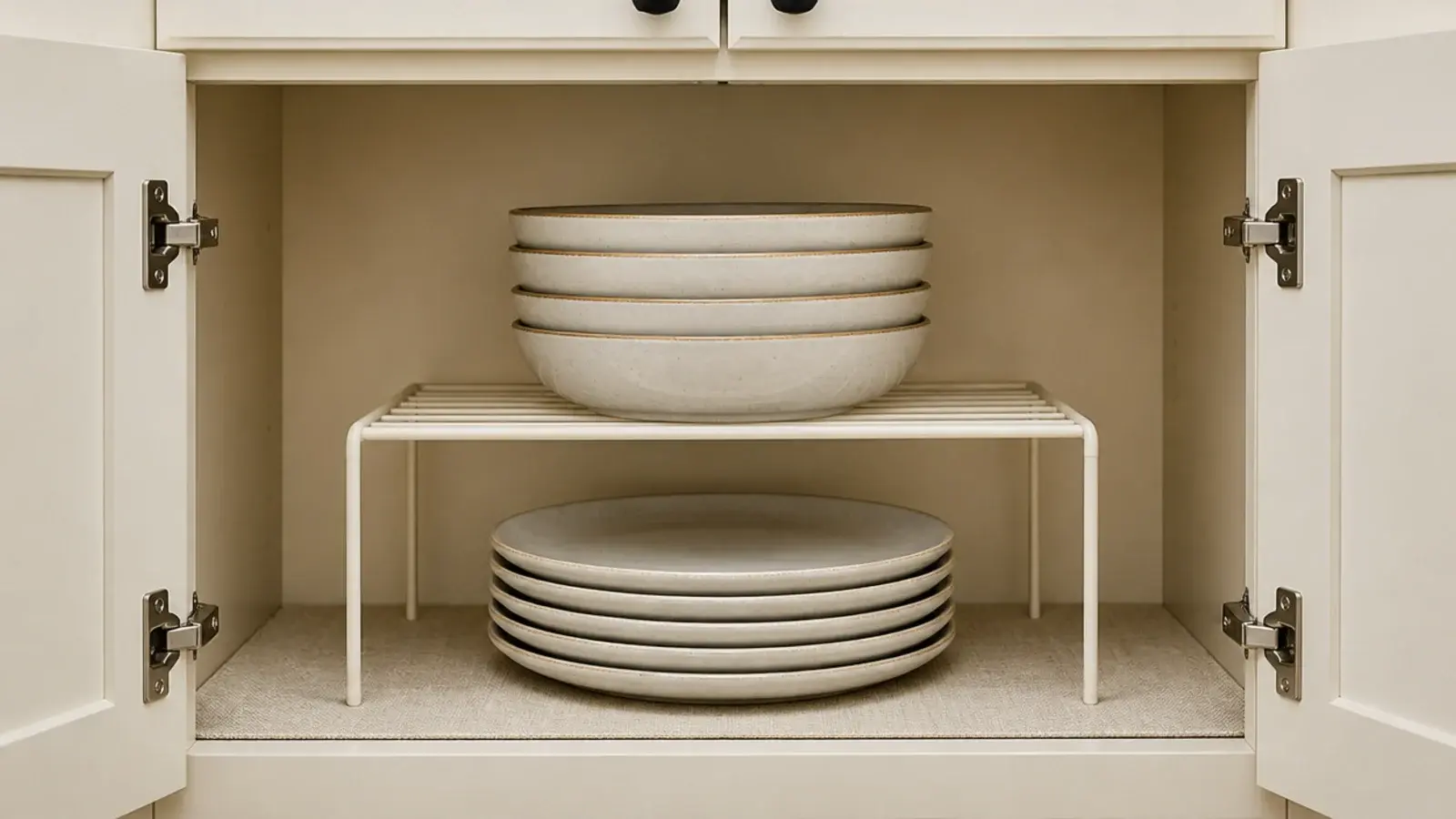 wire riser shelf inside a kitchen cabinet stacking plates and bowls