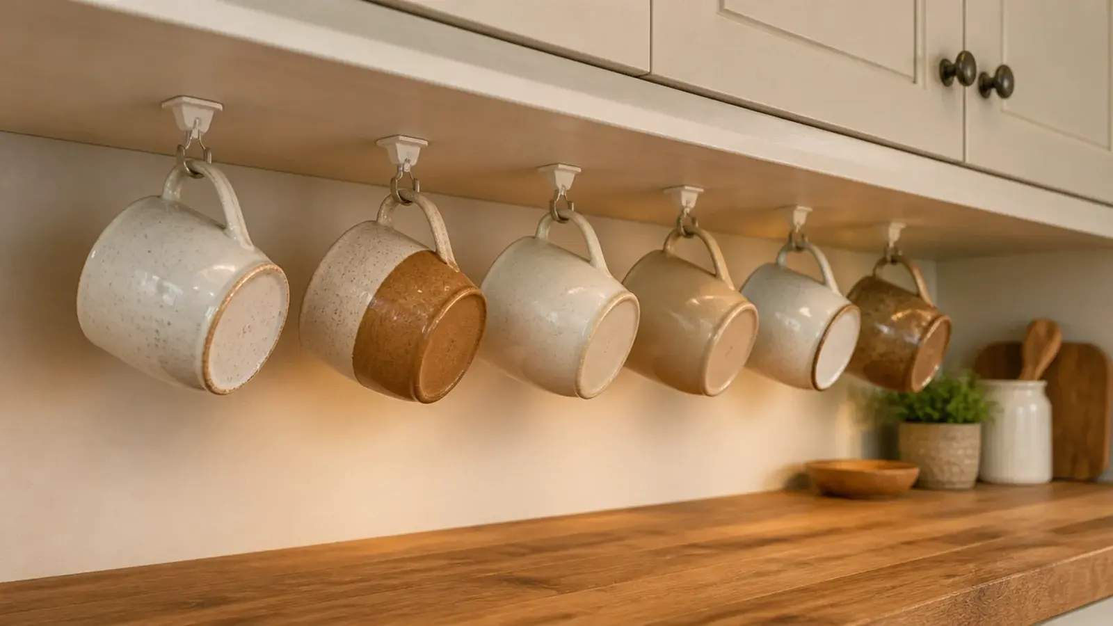 stoneware mugs hanging on adhesive hooks under a kitchen upper cabinet
