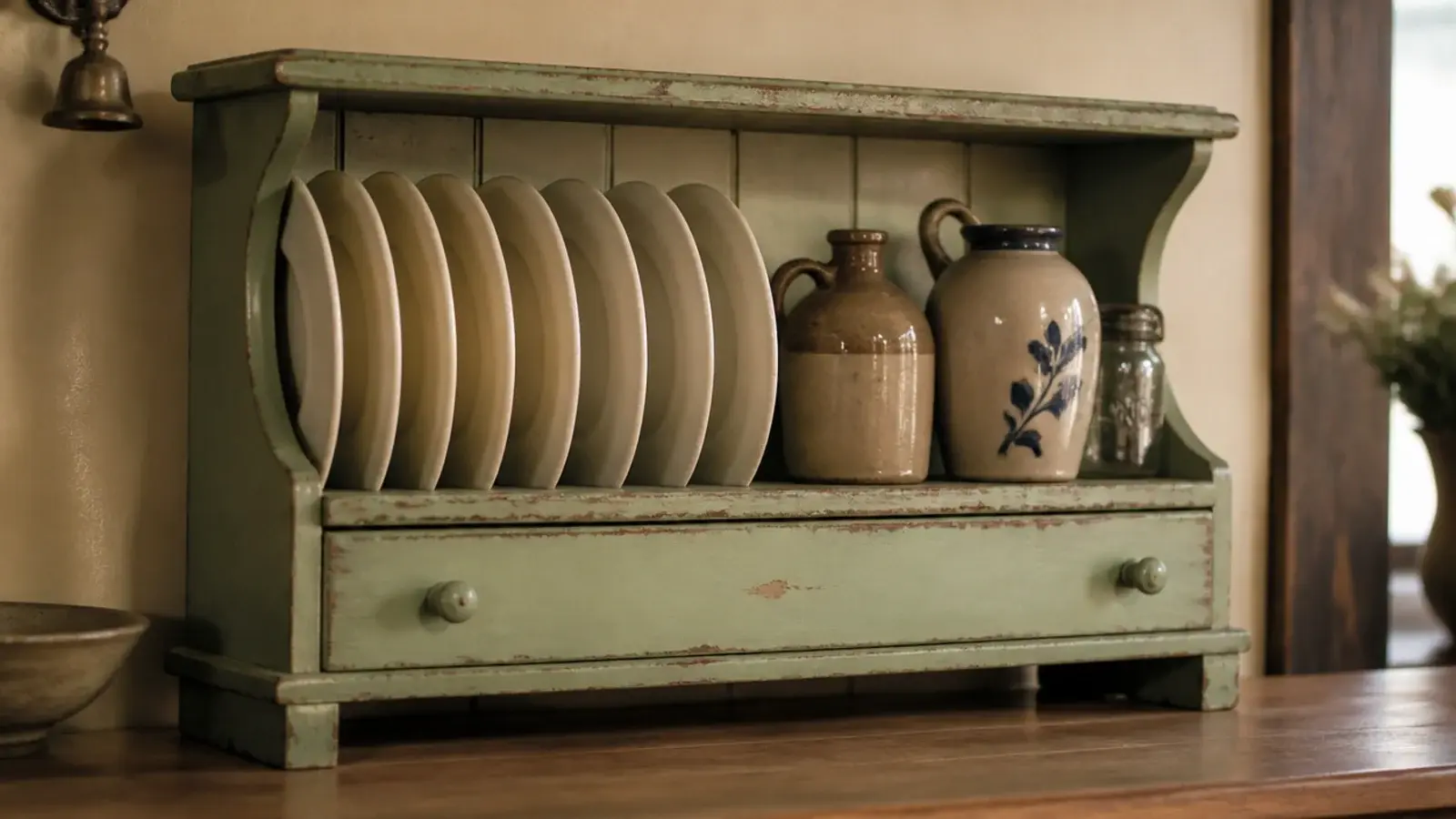 vintage wooden hutch top standing on a kitchen counter with plates