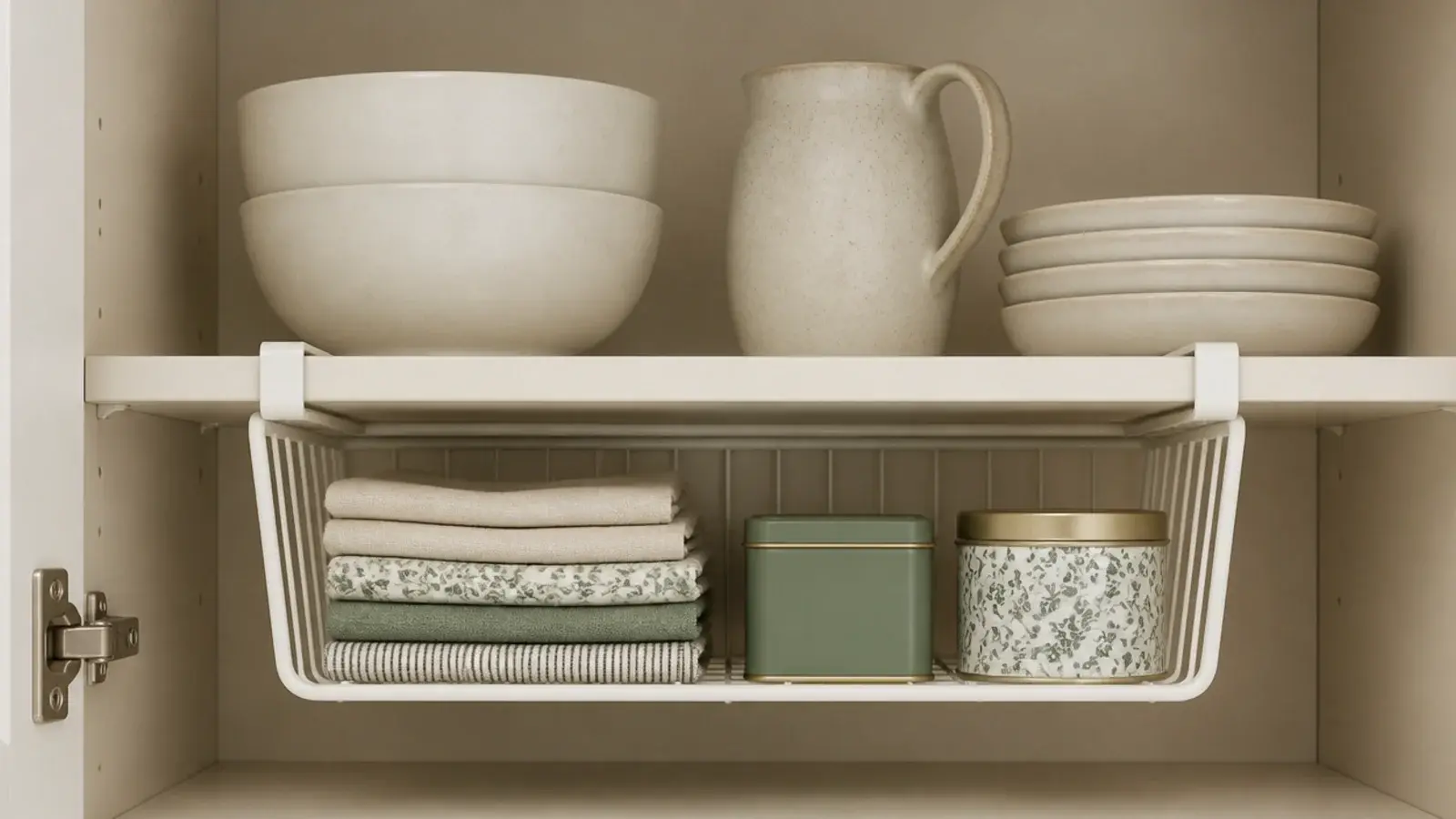 clip on wire basket hanging beneath an existing kitchen cabinet shelf