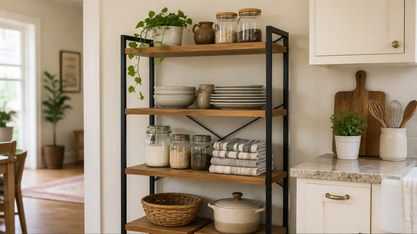 renter friendly kitchen shelf decor on a freestanding oak rack beside cream cabinets