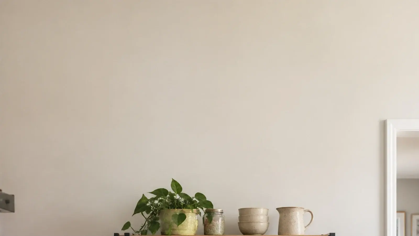 vertical renter kitchen shelf decor image with freestanding oak shelving and stoneware