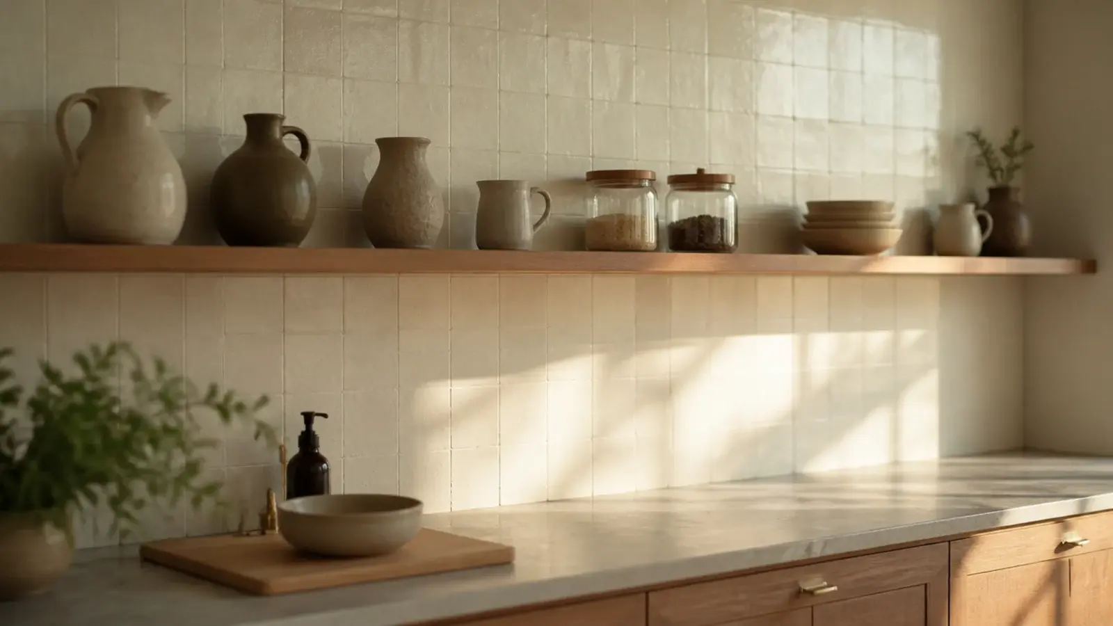 single long oak kitchen shelf spanning an entire backsplash wall above counters