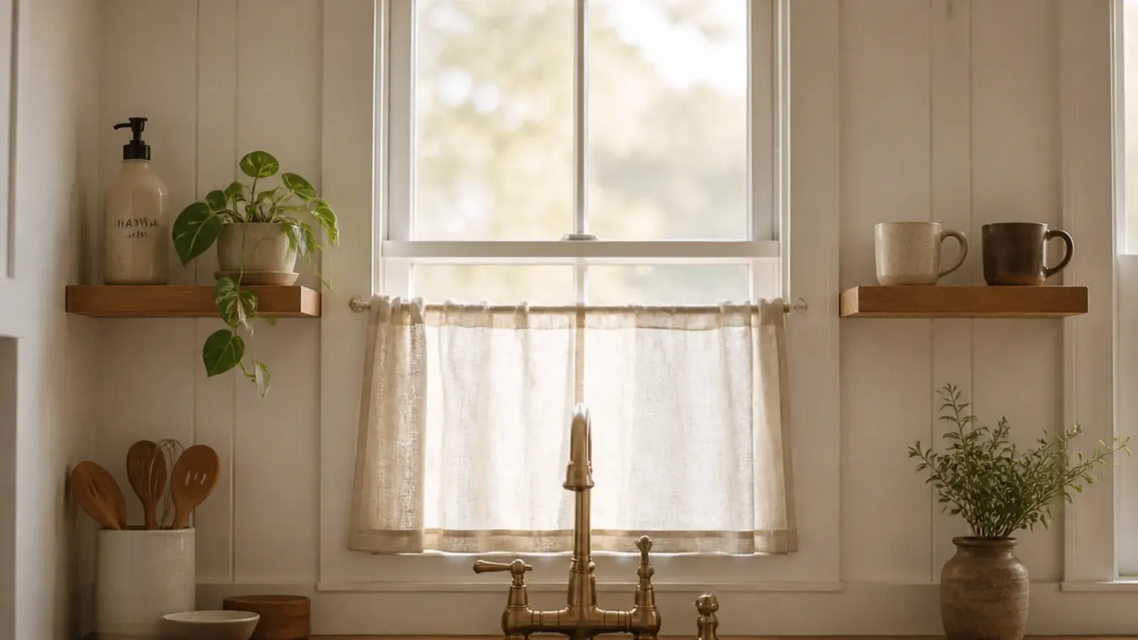 two short kitchen shelves either side of a sink window holding stoneware