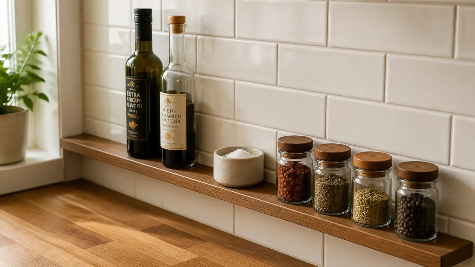 slim three inch ledge running the length of a kitchen backsplash with oils