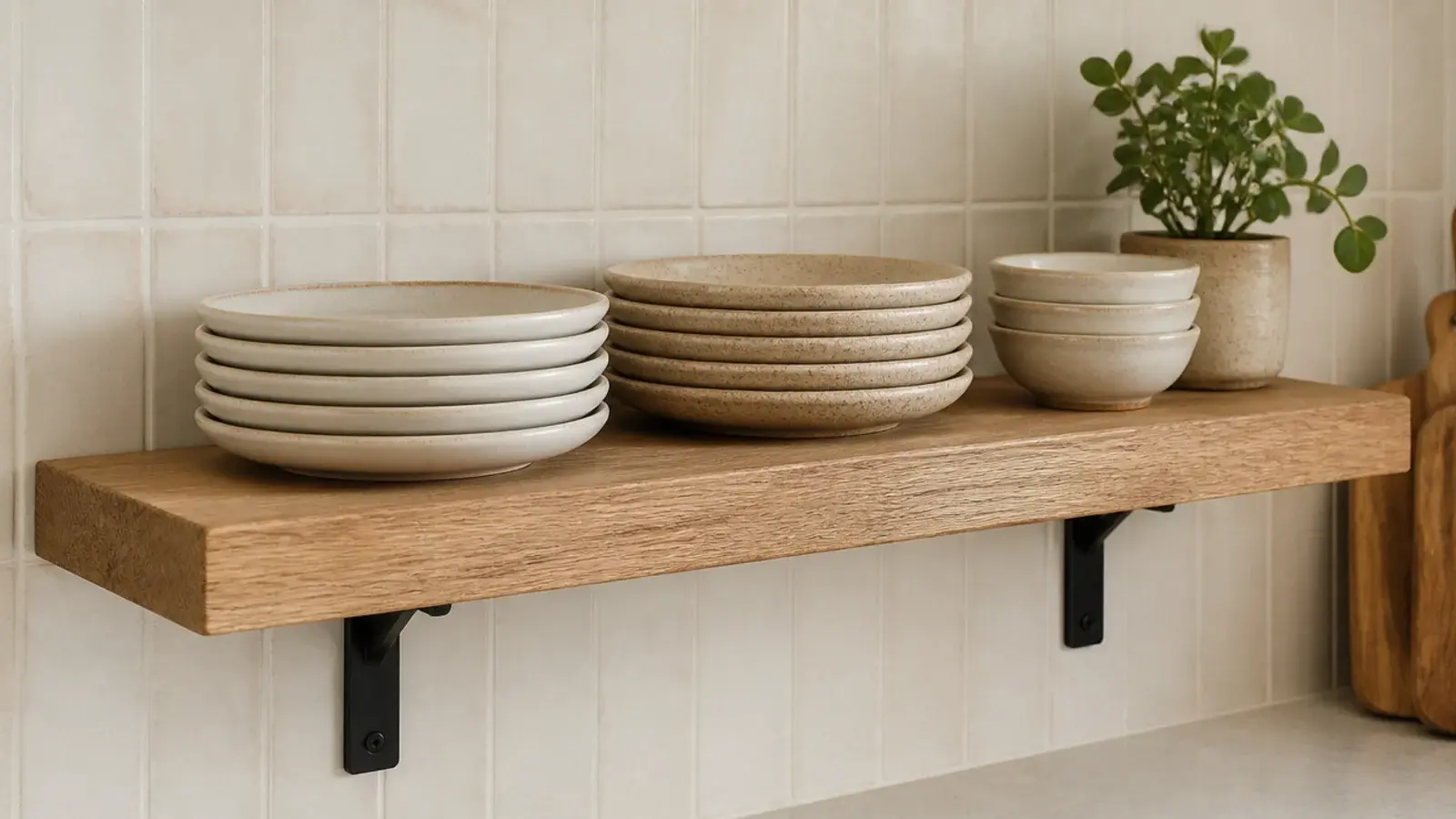 thick oak kitchen shelf holding two stacks of everyday stoneware dinner plates