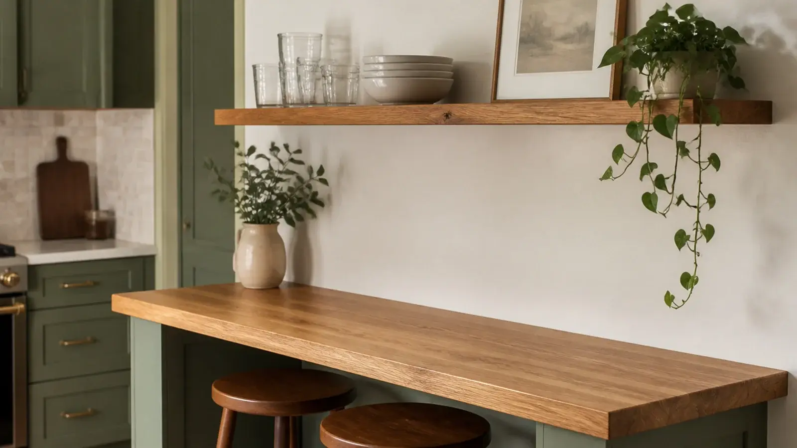 kitchen shelves above a breakfast bar holding glasses bowls and a plant