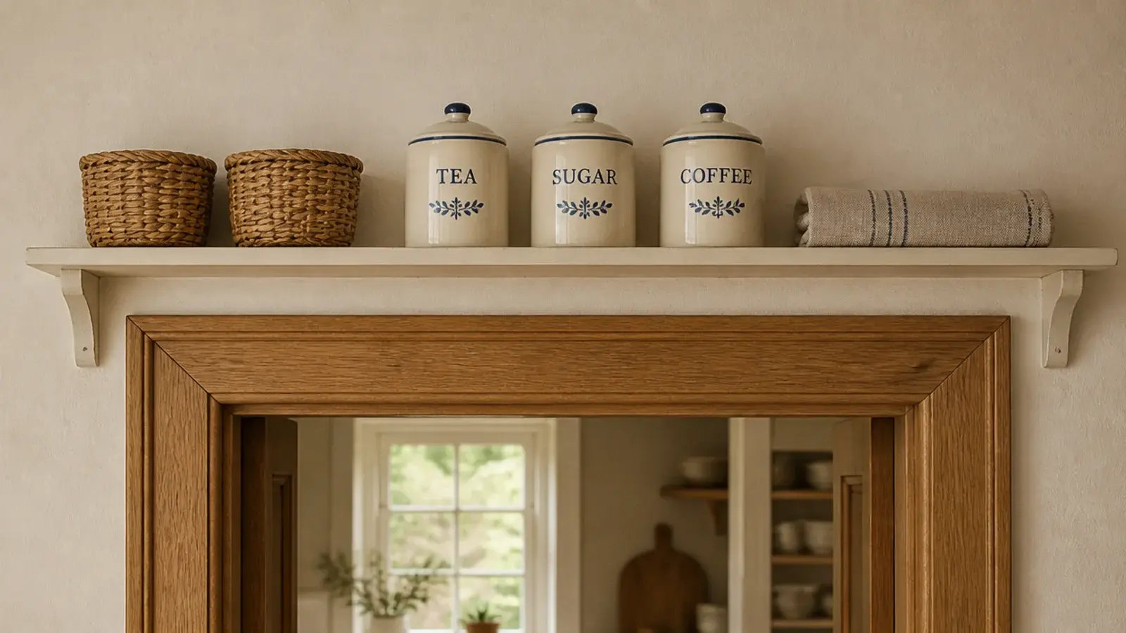 narrow shelf mounted above a kitchen doorway holding baskets and tins