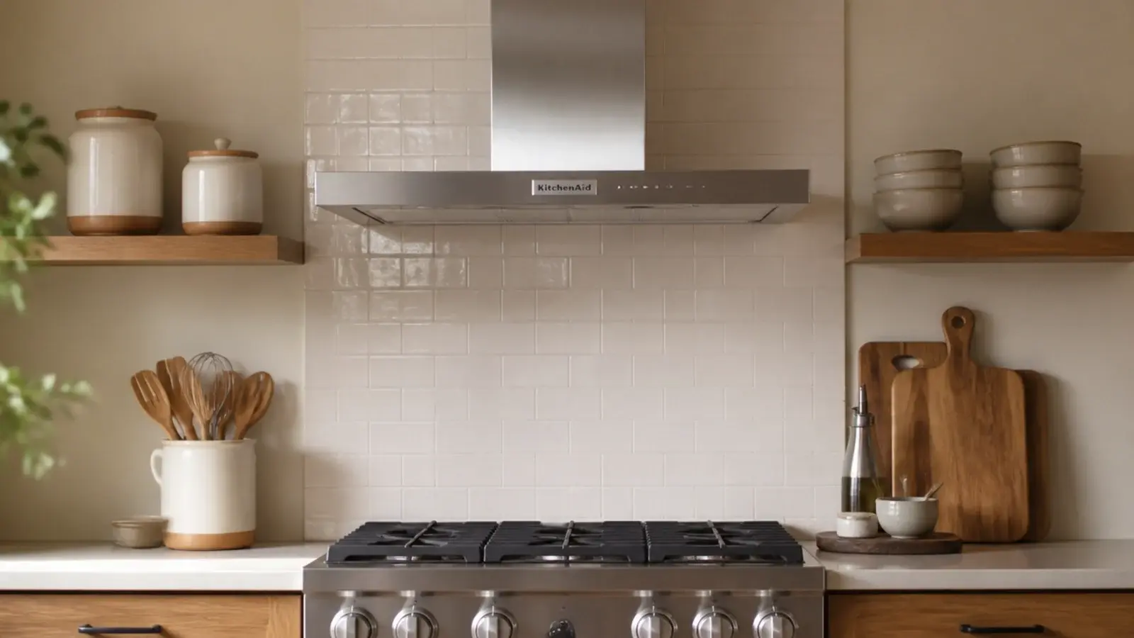 kitchen shelves flanking a range with clear wall directly above the hood