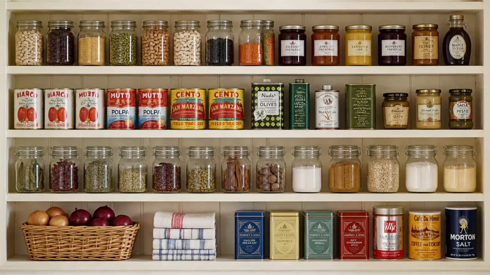 shallow pantry shelves on a kitchen wall holding jars tins and baskets