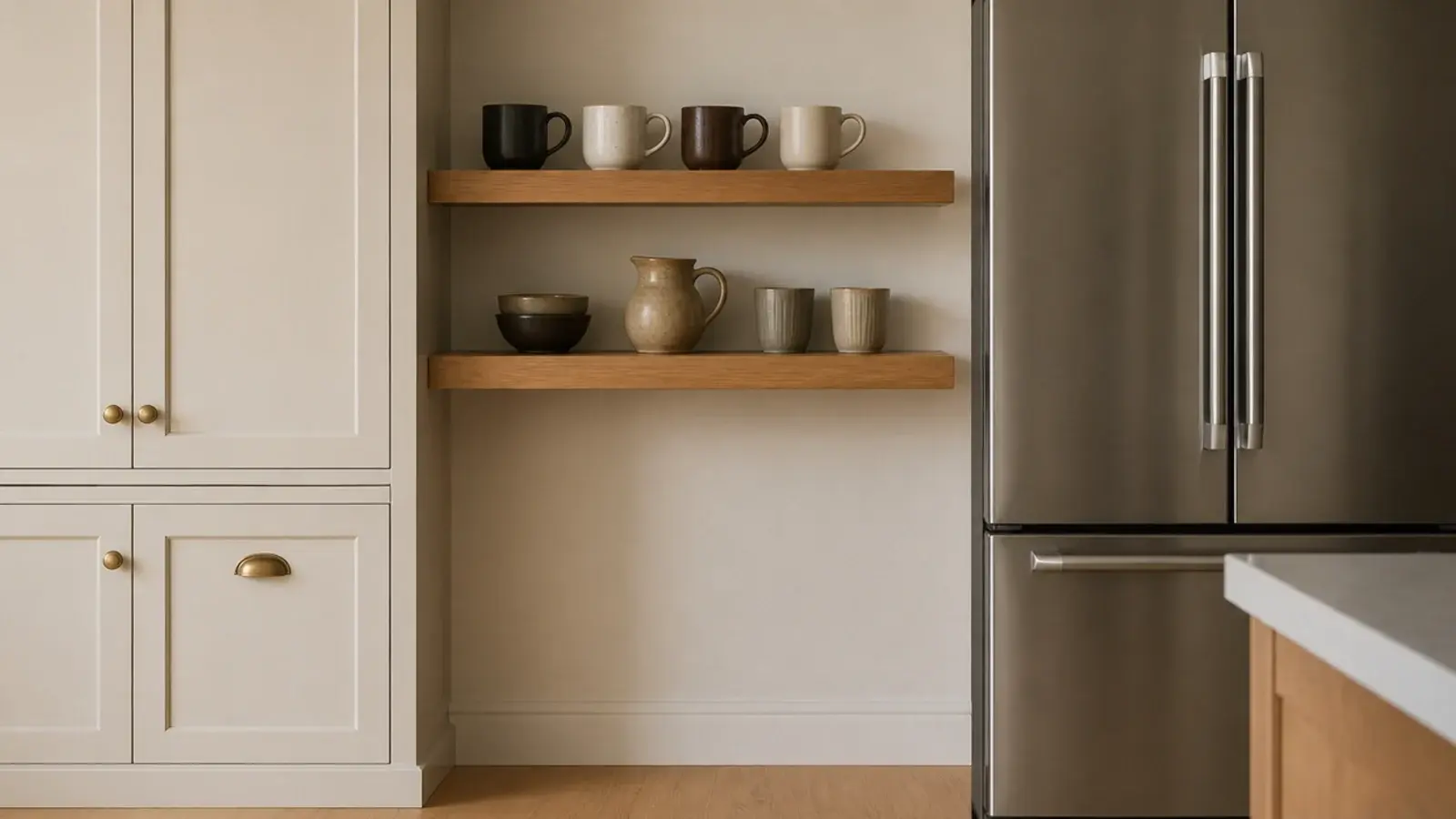 kitchen wall shelves ending cleanly at the edge of a tall refrigerator