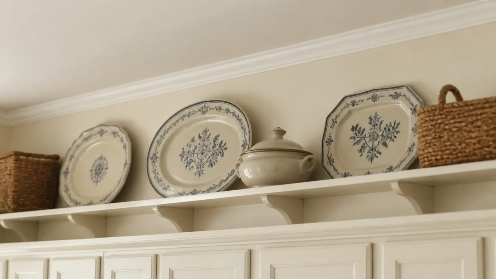 high kitchen shelf using the dead wall space just below the ceiling line