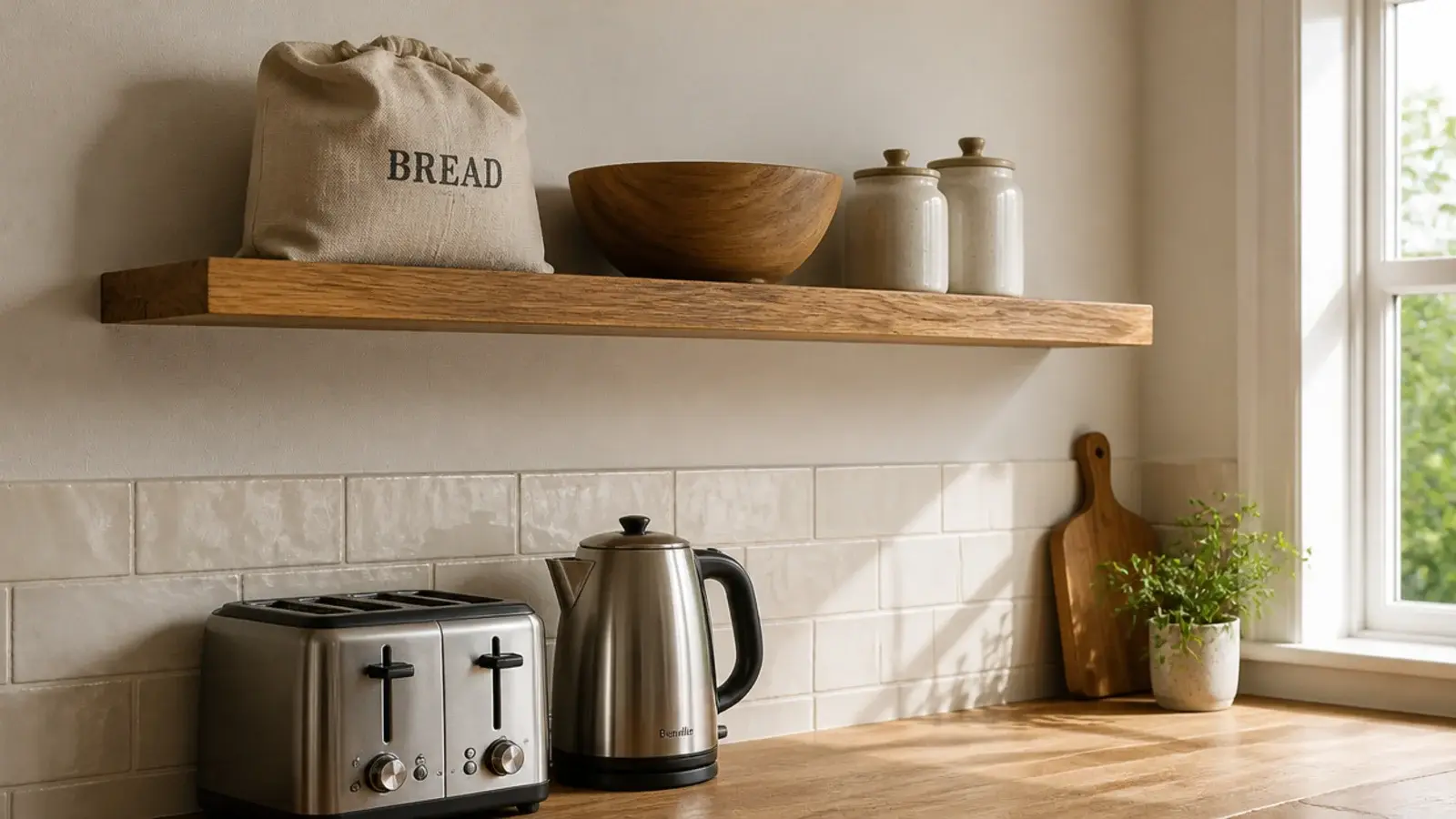kitchen shelf above a toaster and kettle holding bread bins and bowls