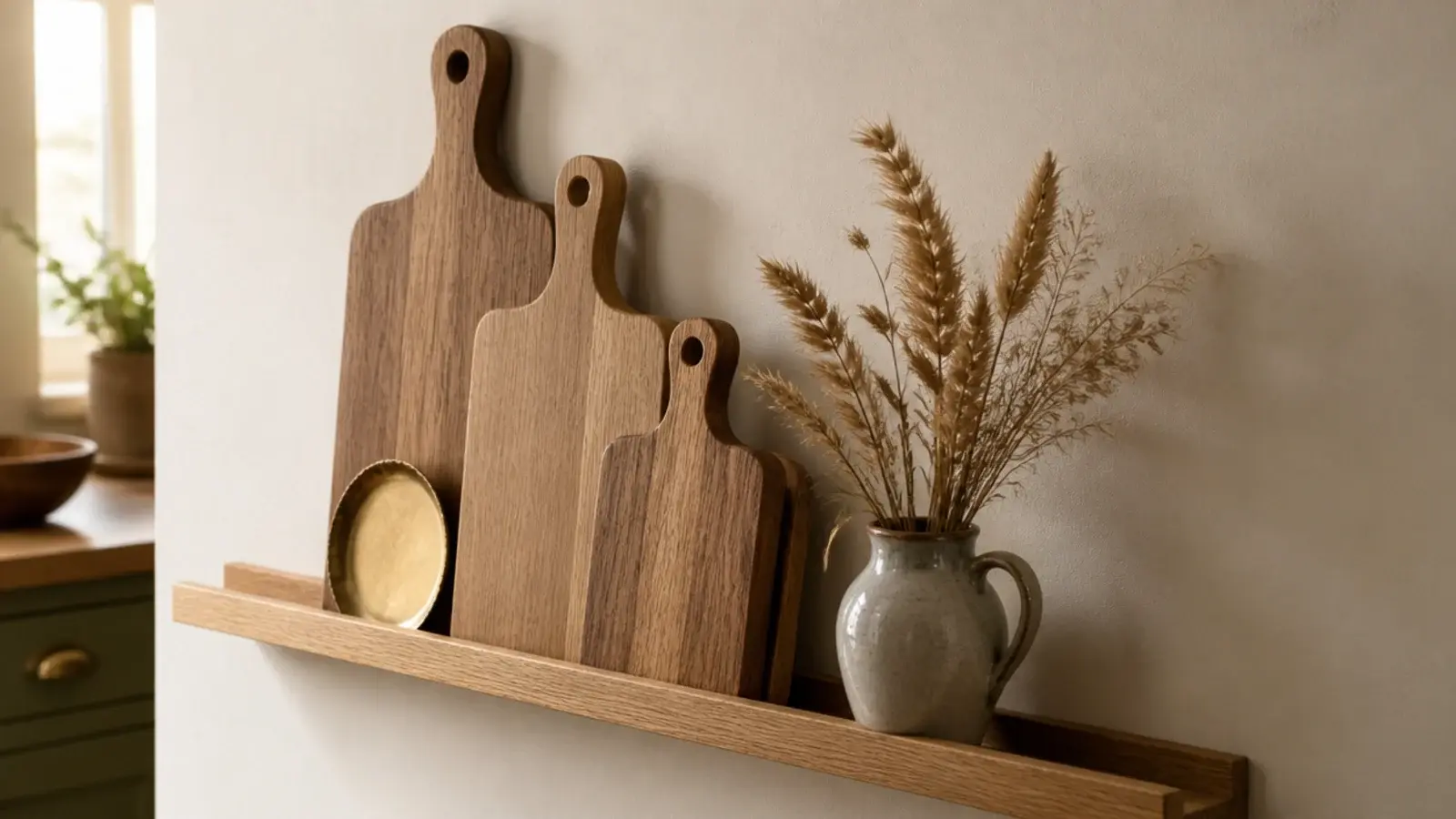 kitchen picture ledge holding leaning wooden boards and a brass tray