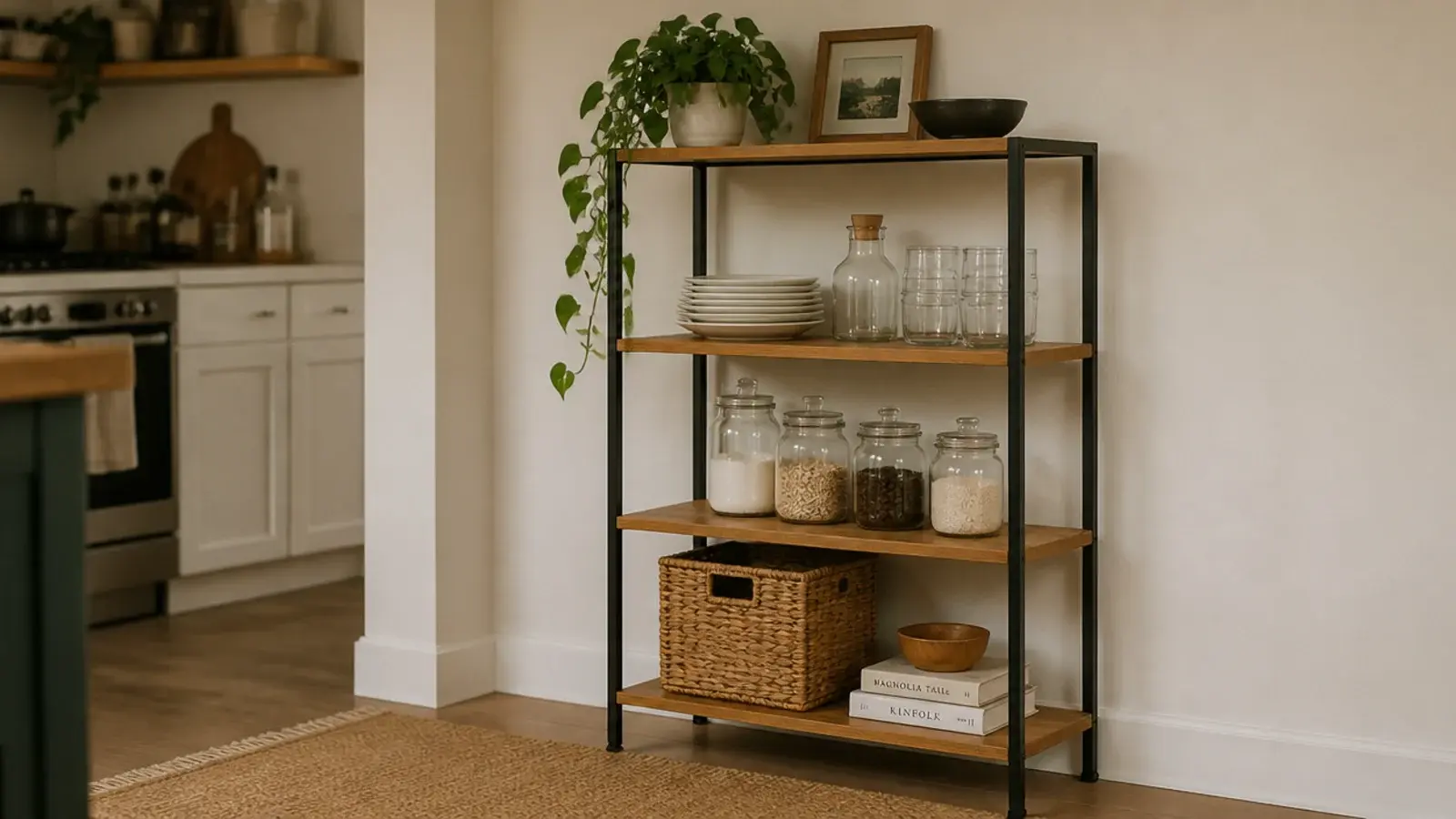 freestanding oak and metal kitchen shelf unit standing against a rental wall