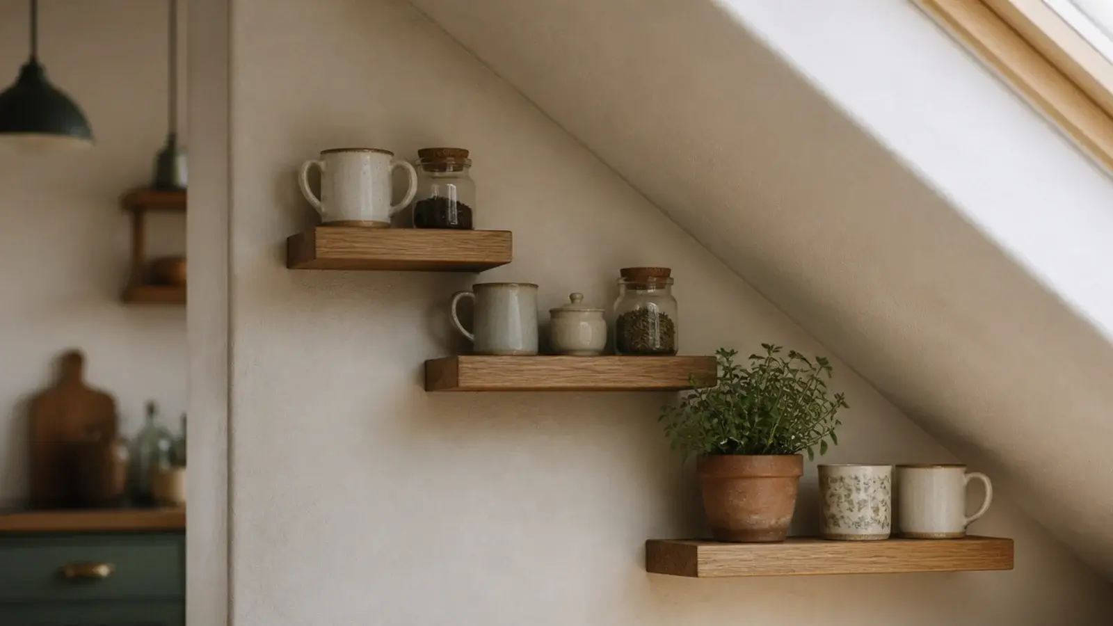 stepped kitchen shelves following the angle of a sloped attic ceiling