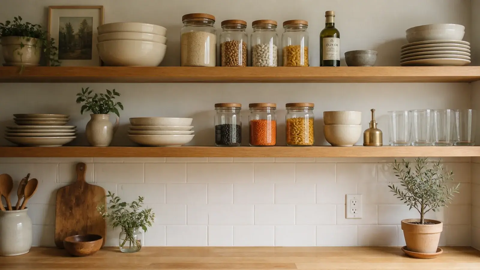 warm oak kitchen shelves running a full wall holding stoneware and glass jars
