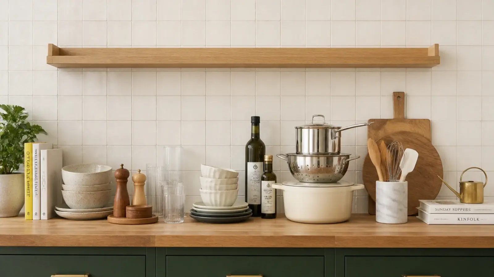 kitchen shelf styling arrangement in progress with objects grouped on a counter