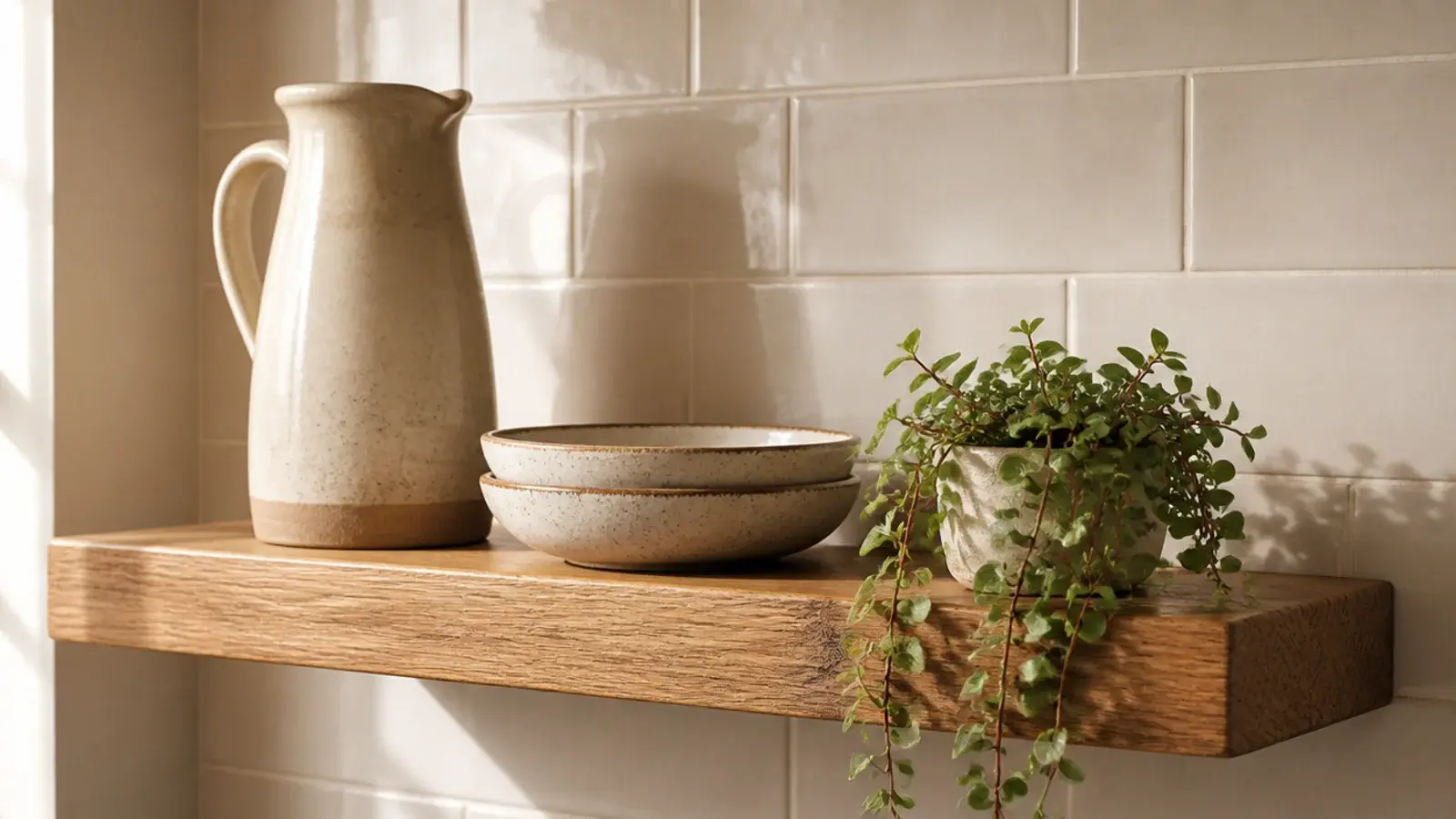 kitchen shelf styled with a tall jug stacked bowls and a trailing plant