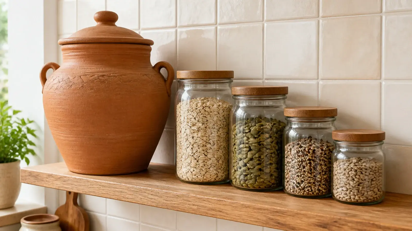 large clay vessel anchoring a group of small jars on a kitchen shelf