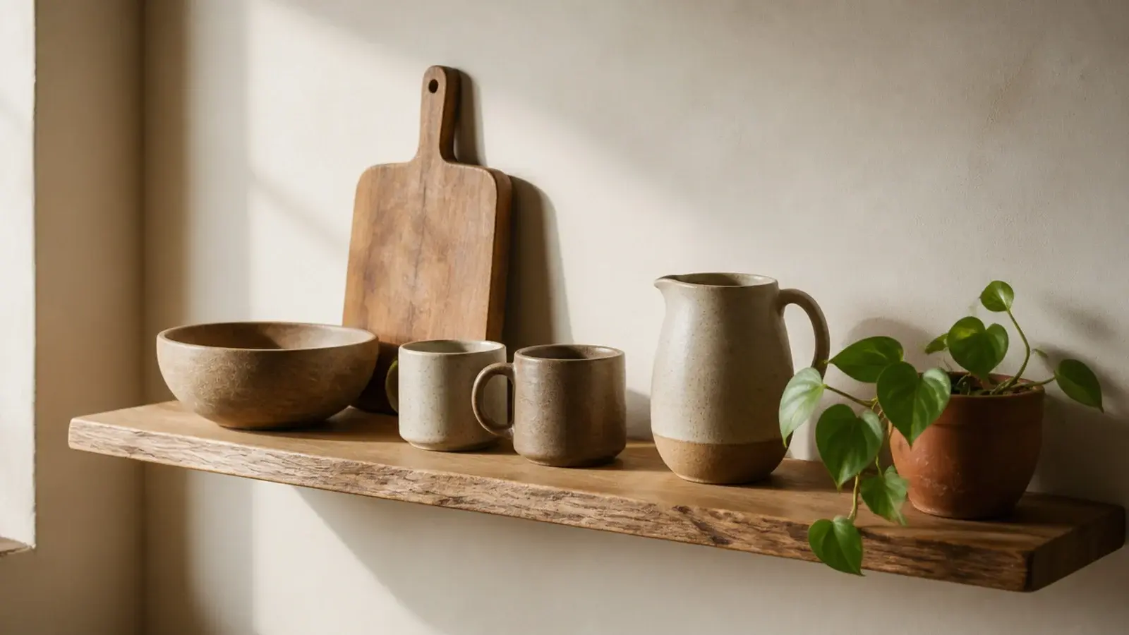 kitchen shelf styled only in wood stoneware and one small potted plant