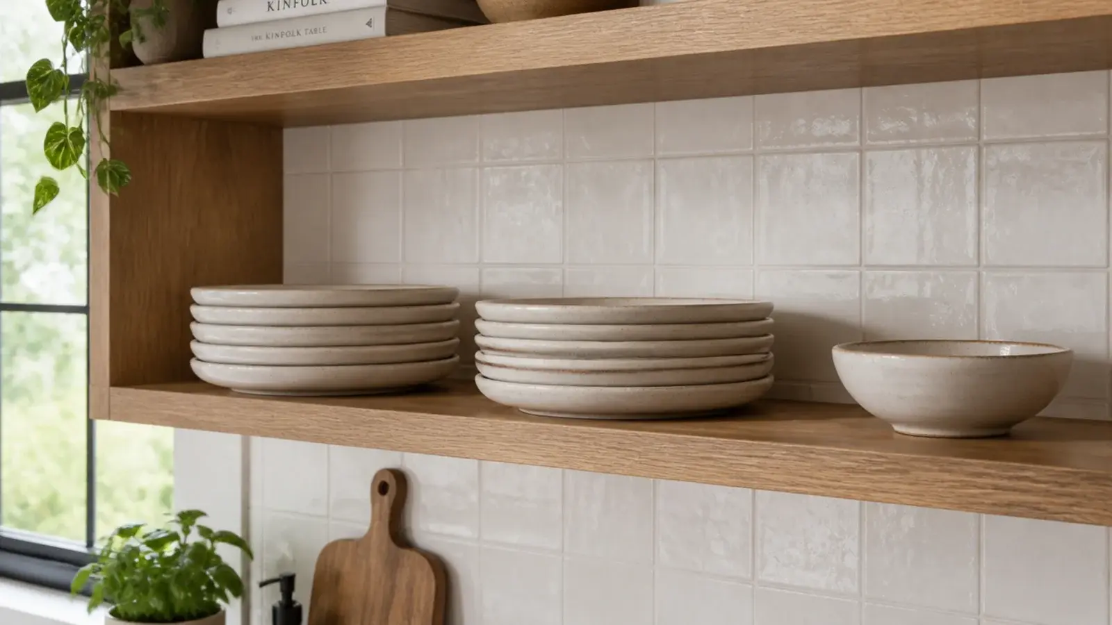 two short stacks of five stoneware plates on an open kitchen shelf