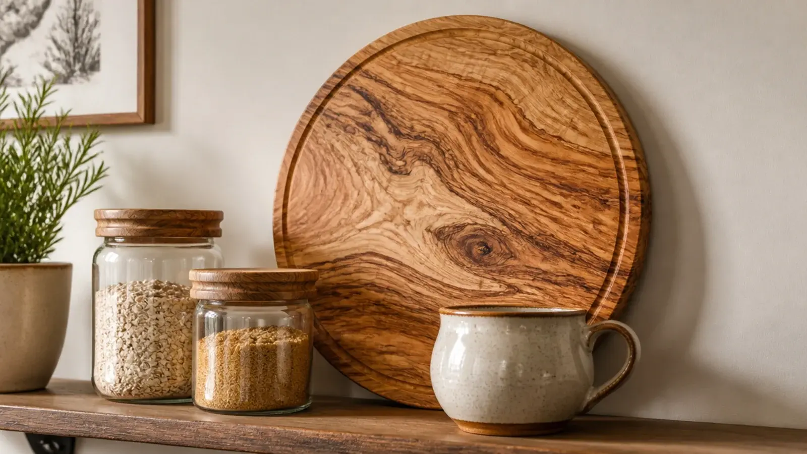 round wooden board leaning face out behind jars on a kitchen shelf
