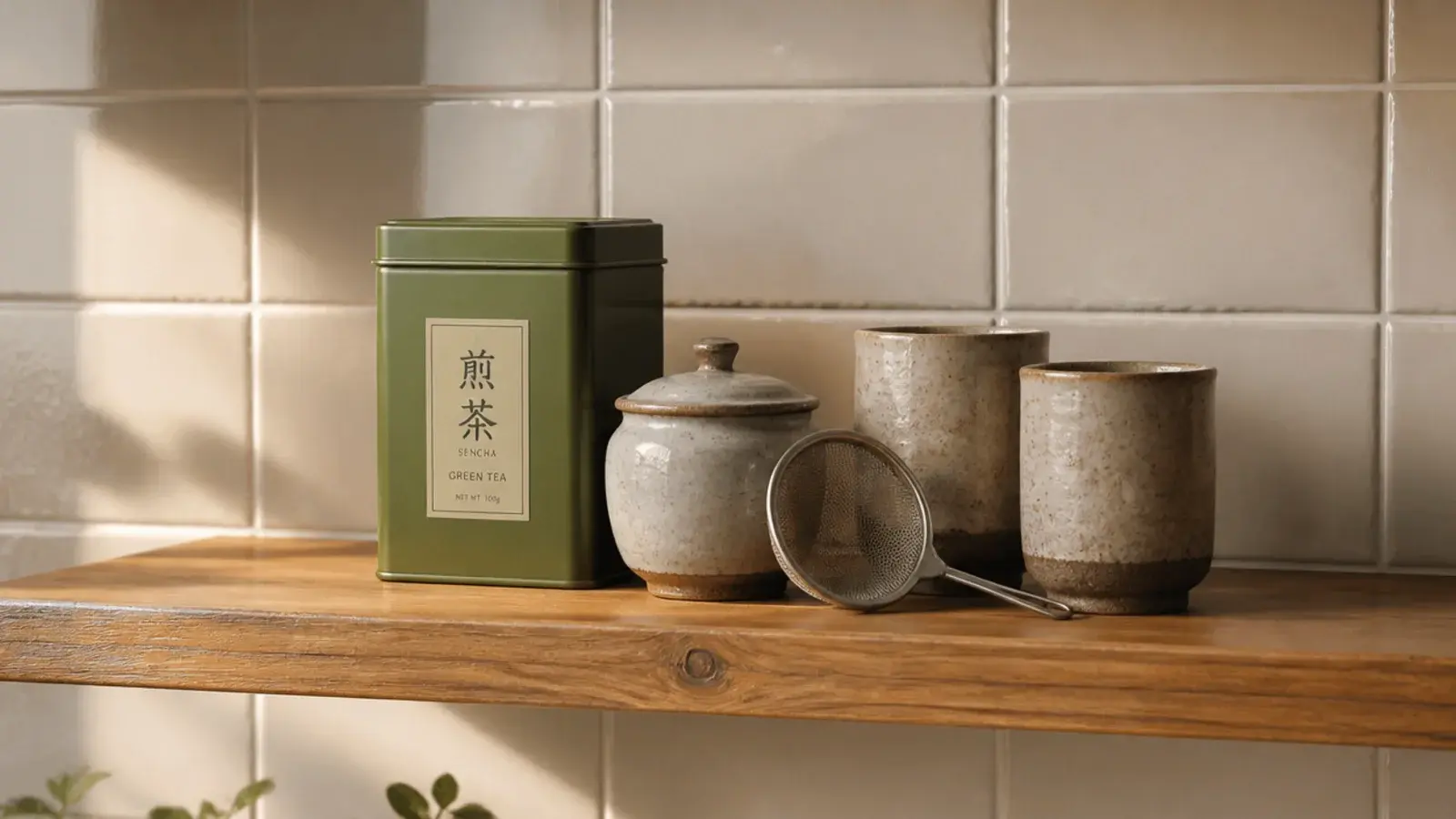 kitchen shelf grouping tea tins a small pot and two cups together