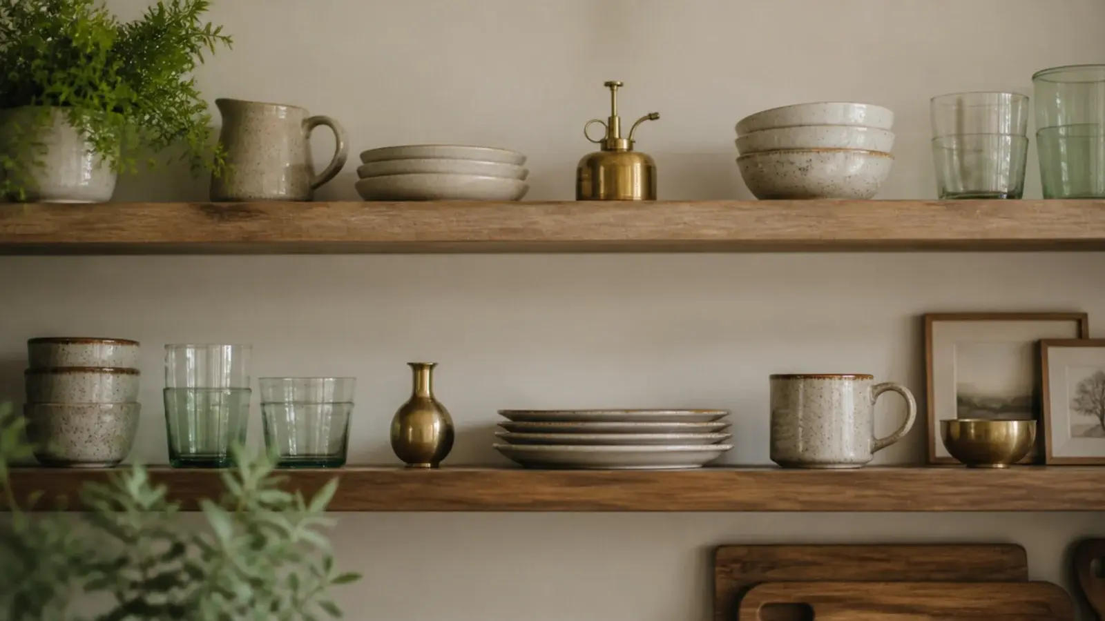 three brass objects spaced across two open kitchen shelves in a row